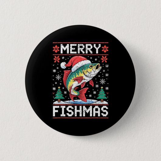 Merry Fishmas Ugly Christmas Sweater Fishing Lover 缶バッジ (正面)