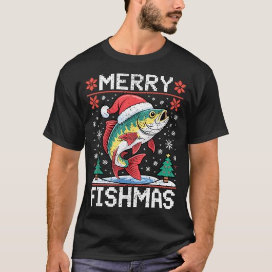 Merry Fishmas Ugly Christmas Sweater Fishing Lover Tシャツ (正面)