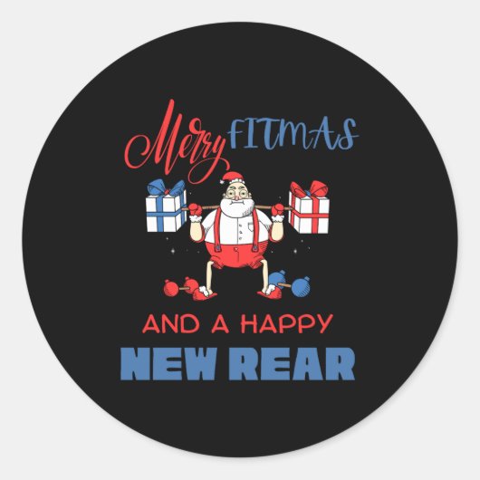 Merry Fitmas A Happy New Rear Gym Fitness Xmas T S ラウンドシール (正面)