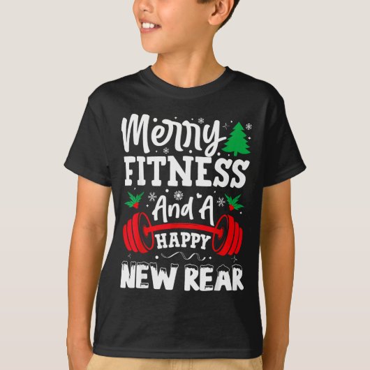 Merry Fitness Happy New Rear Workout Christmas  Tシャツ (正面)