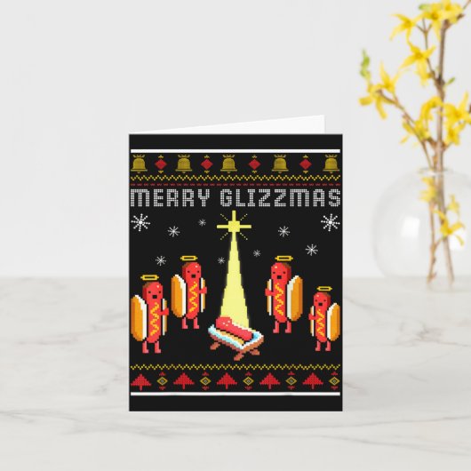 Merry Glizzmas Hot Dog Funny Ugly Christmas Sweate カード (黄色い花)