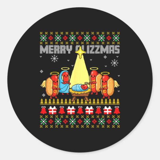 Merry Glizzmas Ugly Christmas Sweaters Hot Dogs Xm ラウンドシール (正面)