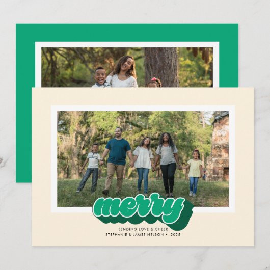 Merry Green Retro Script Christmas Photo シーズンカード (正面/裏面)