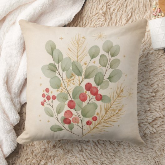 Merry Hearth: Rustic Christmas Botanical Watercolo クッション (ブランケット)