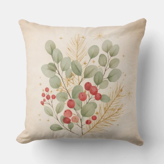 Merry Hearth: Rustic Christmas Botanical Watercolo クッション (正面)