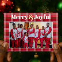 Merry & Joyful Red Plaid Photo Christmas Holiday