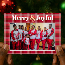 Merry & Joyful Red Plaid Photo Christmas Holiday シーズンカード