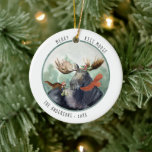 Merry Kiss Moose | Rustic Christmas Winter セラミックオーナメント<br><div class="desc">Featuring beautiful watercolor moose and squirrel with a little bushel of mistletoe. Add your name and year to the front and personalize the back with your own photos. Add your custom wording to this design by using the "Edit this design template" boxes on the right hand side of the item,...</div>