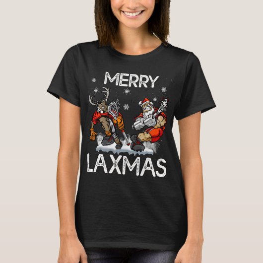 Merry LAXMAS Ugly Christmas Lacrosse Santa Reindee Tシャツ (正面)