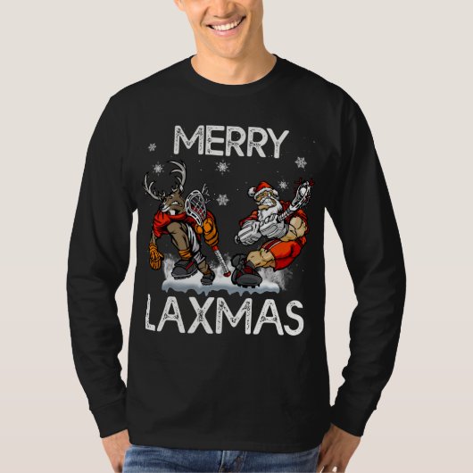 Merry LAXMAS Ugly Christmas Lacrosse Santa Reindee Tシャツ (正面)