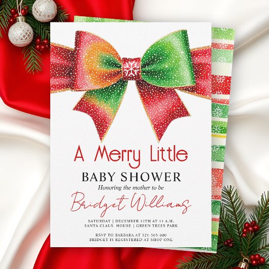 Merry Little Baby shower bow, snowflakes Christmas 招待状