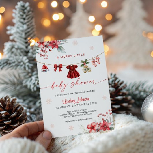Merry Little Baby Shower Clothesline Baby Girl 招待状