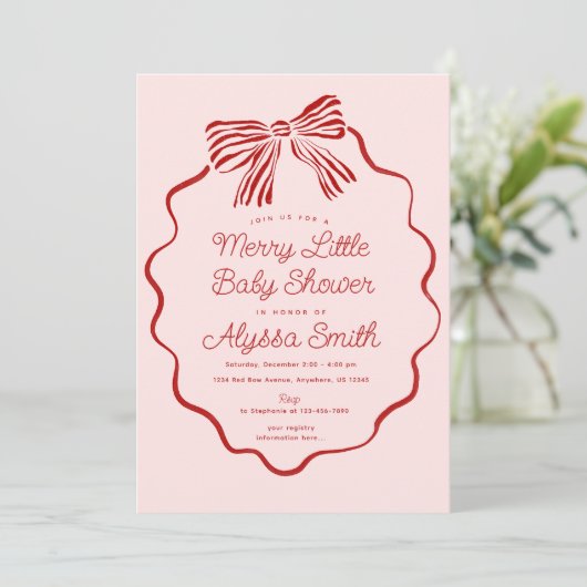 Merry Little Baby Shower Invitation with Red Bow 招待状 (スタンド正面)