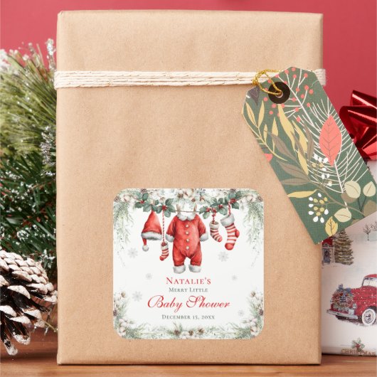 Merry Little Baby Shower Santa Clothesline スクエアシール (クリスマス)