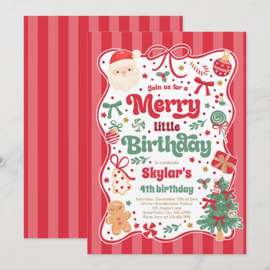 Merry Little Birthday Party Christmas Coquette Bow 招待状 (正面/裏面)