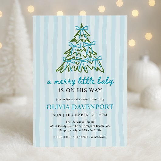 Merry Little Blue Bow Christmas Boy Baby Shower 招待状