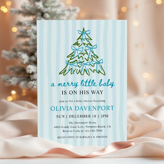 Merry Little Blue Bow Christmas Boy Baby Shower 招待状