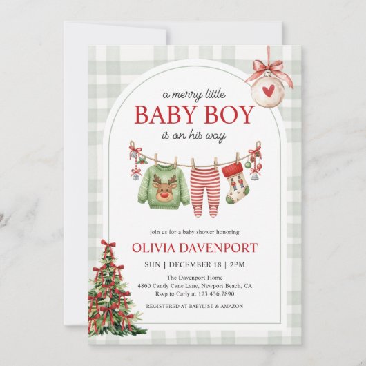 Merry Little Boy Gingham Christmas Baby Shower 招待状 (正面)