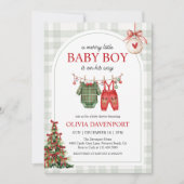 Merry Little Boy Gingham Christmas Baby Shower 招待状 (正面)