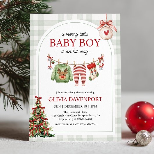 Merry Little Boy Gingham Christmas Baby Shower 招待状