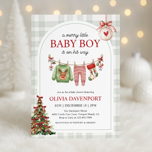 Merry Little Boy Gingham Christmas Baby Shower 招待状