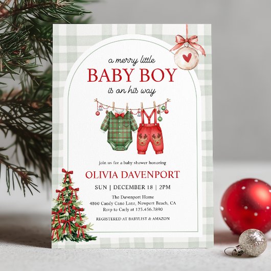 Merry Little Boy Gingham Christmas Baby Shower 招待状