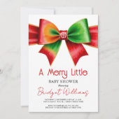 Merry Little Christmas Baby shower red, green bow 招待状 (正面)