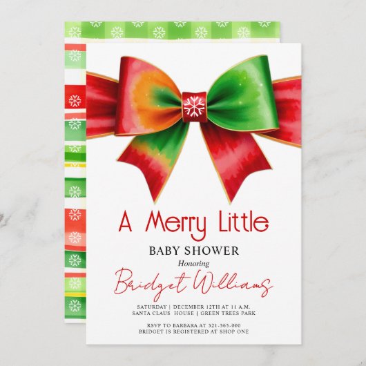 Merry Little Christmas Baby shower red, green bow 招待状 (正面/裏面)