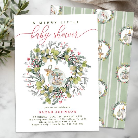 Merry Little Christmas Baby Shower Wreath 招待状