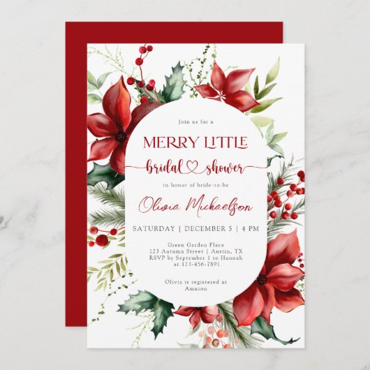 Merry Little Christmas Berry Floral Bridal Shower  招待状 (正面/裏面)