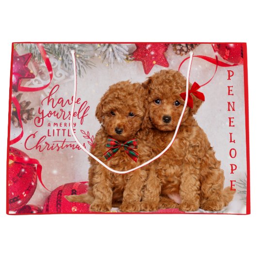 Merry Little Christmas Poodle Puppies Personalized ラージペーパーバッグ (正面)