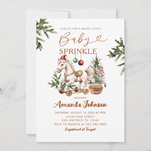 Merry Little Christmas Rocking Horse Baby Sprinkle 招待状 (正面)