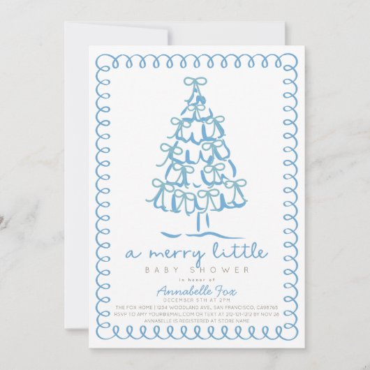 Merry Little Christmas Tree Blue Baby Shower 招待状 (正面)