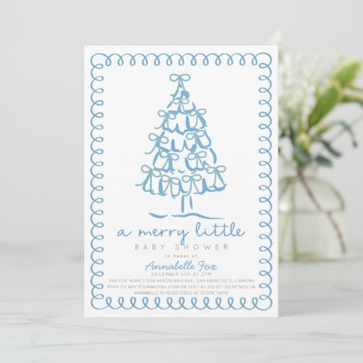 Merry Little Christmas Tree Blue Baby Shower 招待状 (スタンド正面)