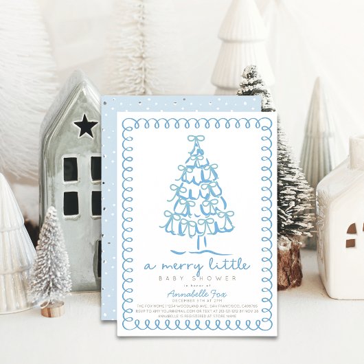Merry Little Christmas Tree Blue Baby Shower 招待状