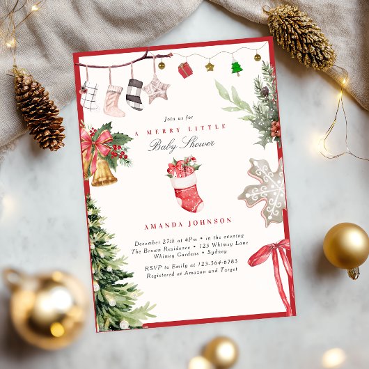 Merry Little Christmas tree Ornaments Baby Shower 招待状