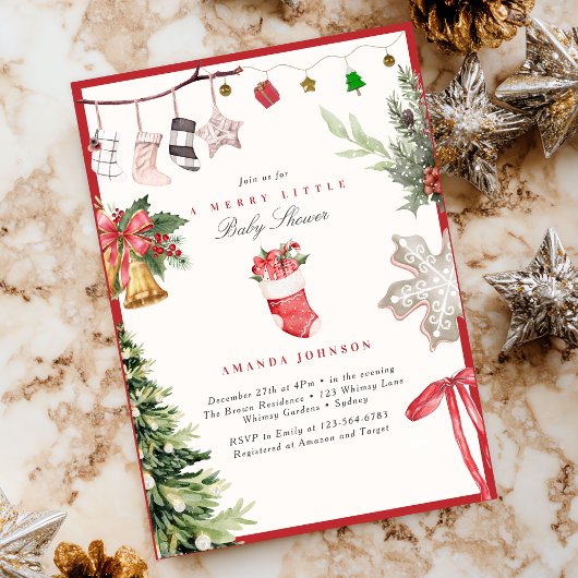 Merry Little Christmas tree Ornaments Baby Shower 招待状