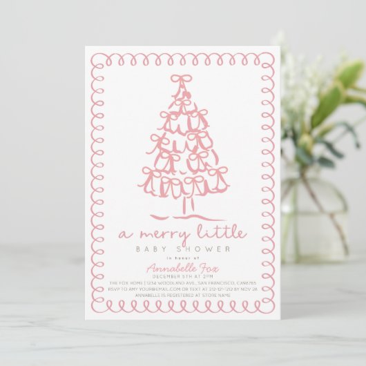 Merry Little Christmas Tree Pink Baby Shower 招待状 (スタンド正面)