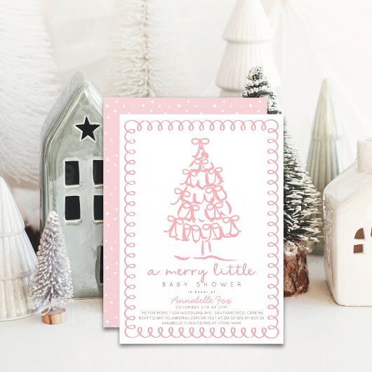 Merry Little Christmas Tree Pink Baby Shower 招待状