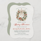 Merry Little Christmas Wreath Bow Baby Shower 招待状 (正面/裏面)