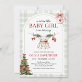 Merry Little Girl Gingham Christmas Baby Shower 招待状 (正面)
