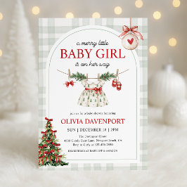 Merry Little Girl Gingham Christmas Baby Shower 招待状