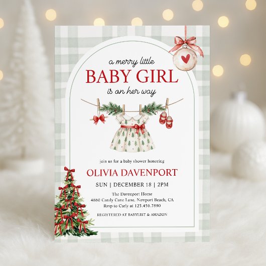 Merry Little Girl Gingham Christmas Baby Shower 招待状