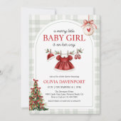 Merry Little Girl Gingham Christmas Baby Shower 招待状 (正面)