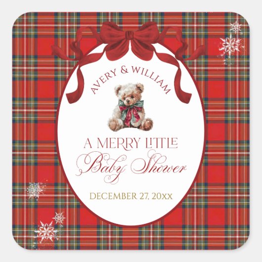 Merry Little Red Bow Christmas Plaid  スクエアシール (正面)