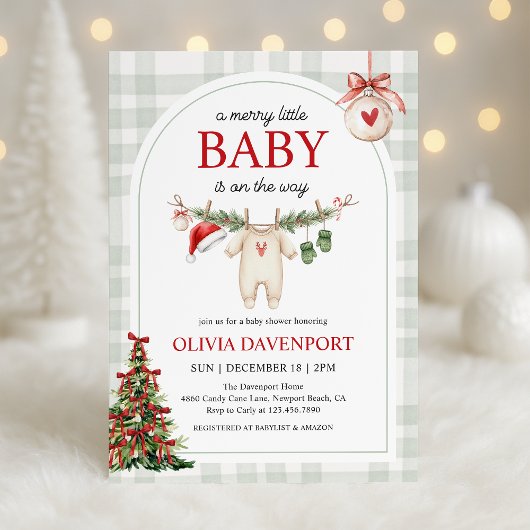 Merry Little Winter Gingham Christmas Baby Shower 招待状