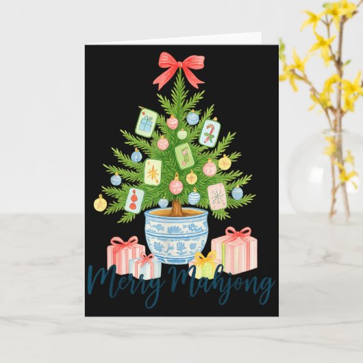Merry Mahjong Christmas Tree Chinoiserie Holiday  カード (黄色い花)