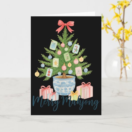 Merry Mahjong Christmas Tree Chinoiserie Holiday  カード (黄色い花)
