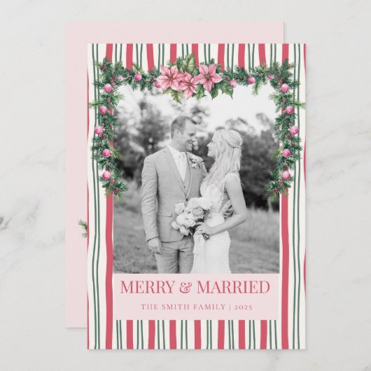 Merry & Married Christmas Garland Striped Photo シーズンカード (正面/裏面)