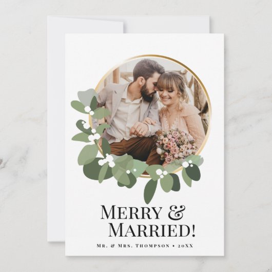 Merry & Married Photo Modern wreath Elegant シーズンカード (正面)